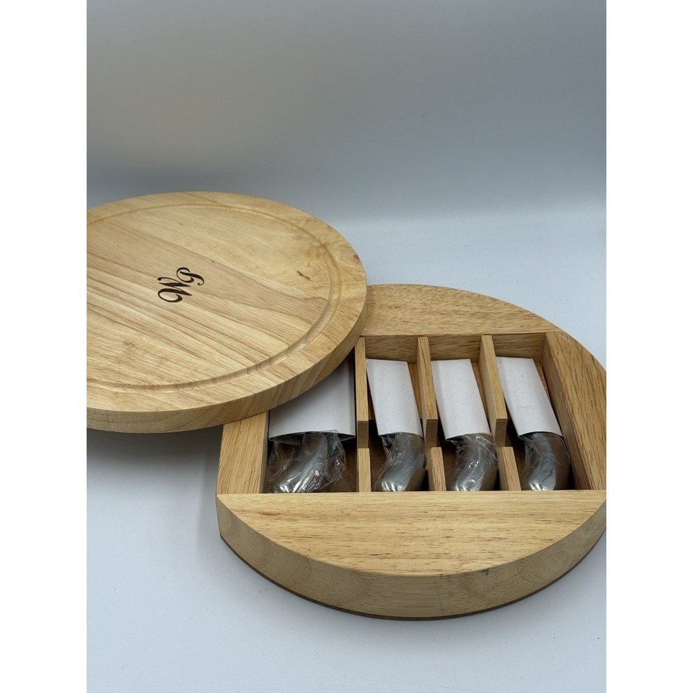 Wolfgang Puck Cheese Cutting Board Knife Set Round Swivel Charcuterie Wood NEW